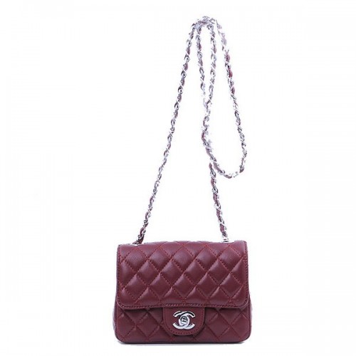 Мини чанта Chanel Classic Flap, бордо, овча кожа, 1115, сребриста