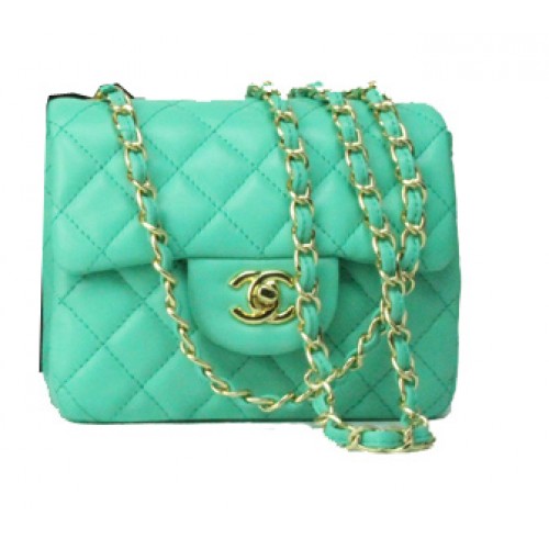 Мини чанта Chanel Classic Flap от зелена кожа 1115 със златна верижка
