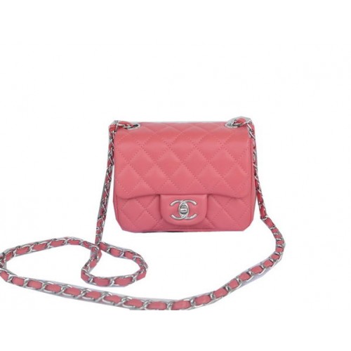 Мини чанта Chanel Classic Flap, светлочервена, оригинална, овча кожа, 1115, сребриста