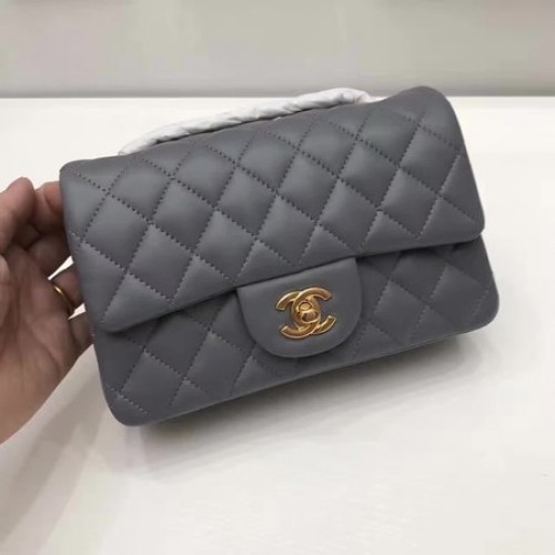 Chanel мини класическа чанта с капак, оригинална овча кожа A1116 сива