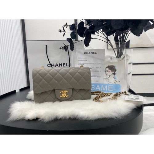 Мини чанта Chanel Classic Flap, оригинална, от овча кожа A1116, сива и златиста метална