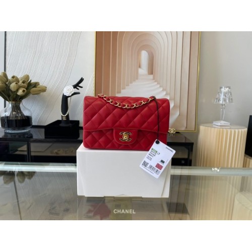 Мини чанта Chanel Classic Flap, оригинална, от овча кожа A1116, червено и златисто, метална