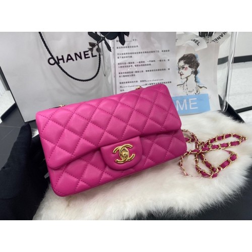 Мини чанта Chanel Classic Flap, оригинална, от овча кожа A1116, метал, розов и златист цвят