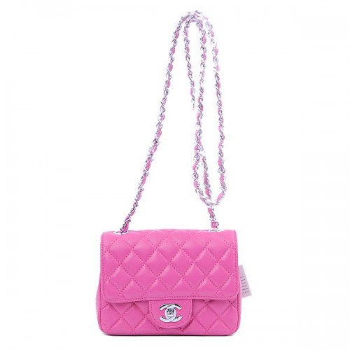 Мини чанта Chanel Classic Flap, праскова, овча кожа, 1115, сребриста