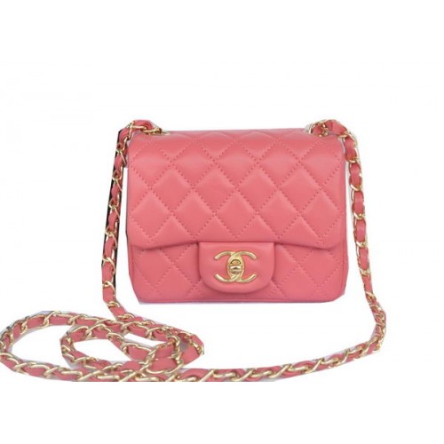 Мини чанта Chanel Classic Flap от оригинална овча кожа, розова CHA1115, златиста