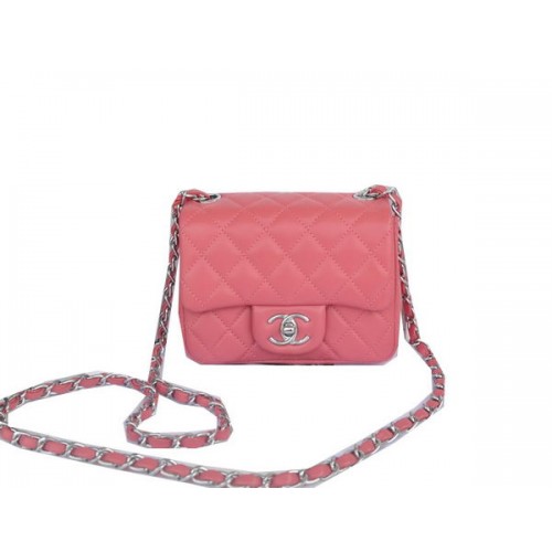 Мини чанта Chanel Classic Flap от оригинална овча кожа, розова CHA1115, сребриста