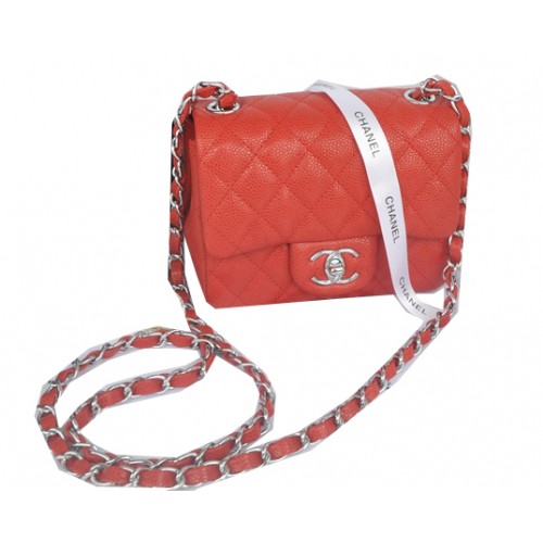 Мини чанта Chanel Classic Flap с червен мотив Cannage 1115, сребриста