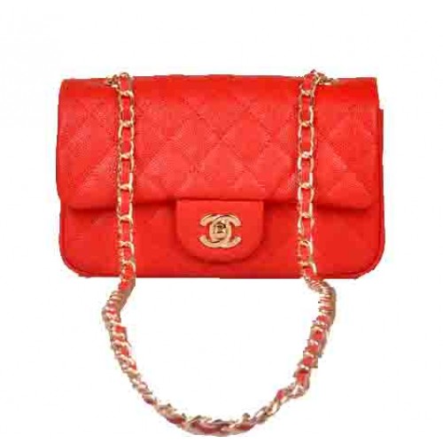 Мини чанта Chanel Classic Flap, червена, с шарка Cannage, 1117, златиста