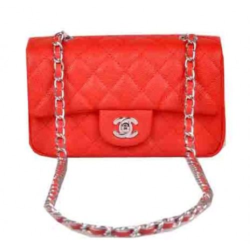 Мини чанта Chanel Classic Flap с червен мотив Cannage 1117 Сребърна