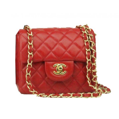 Мини чанта Chanel Classic с капак, червена кожа, 1115, златна верижка