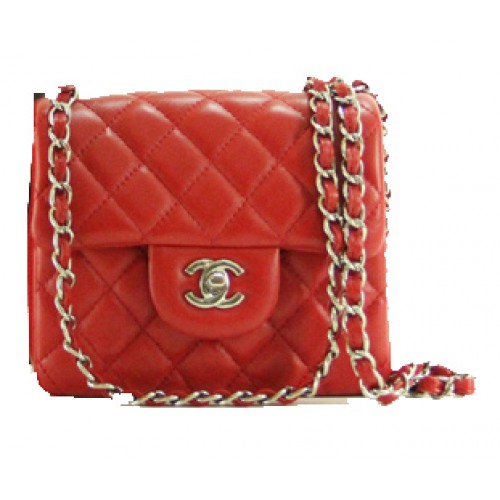 Мини чанта Chanel Classic Flap, червена кожа, 1115, сребърна верижка