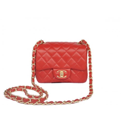 Мини чанта Chanel Classic Flap от оригинална червена овча кожа CHA1115, златиста