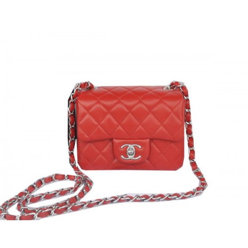 Мини чанта Chanel Classic Flap, червена, оригинална, овча кожа CHA1115, сребриста
