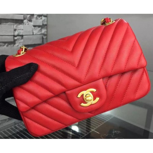 Мини чанта Chanel Classic Flap, червена, оригинална, овча кожа Chevron, CHA5500, златна