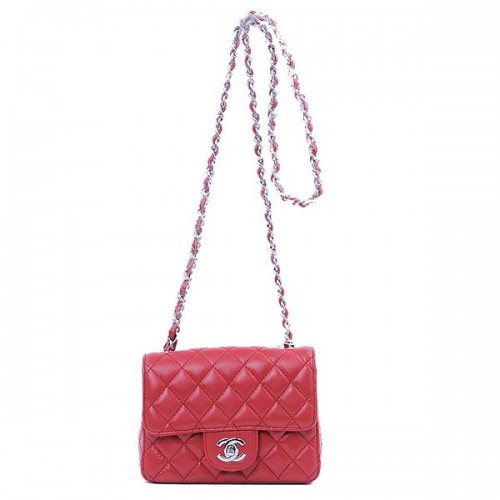 Мини чанта Chanel Classic Flap, червена, овча кожа, 1115, сребриста