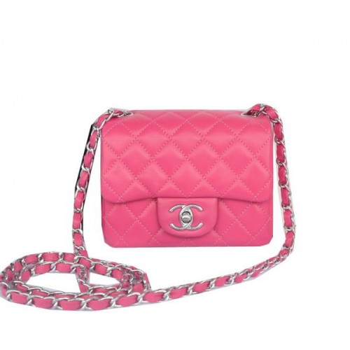 Мини чанта Chanel Classic Flap, розова, оригинална, овча кожа CHA1115, сребриста