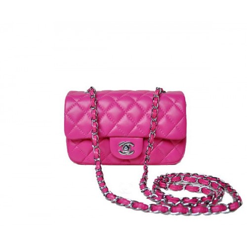 Мини чанта Chanel Classic Flap, розова, овча кожа 1117, сребриста