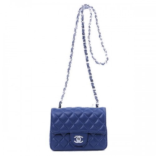 Мини чанта Chanel Classic Flap, кралско синьо, овча кожа, 1115, сребристо