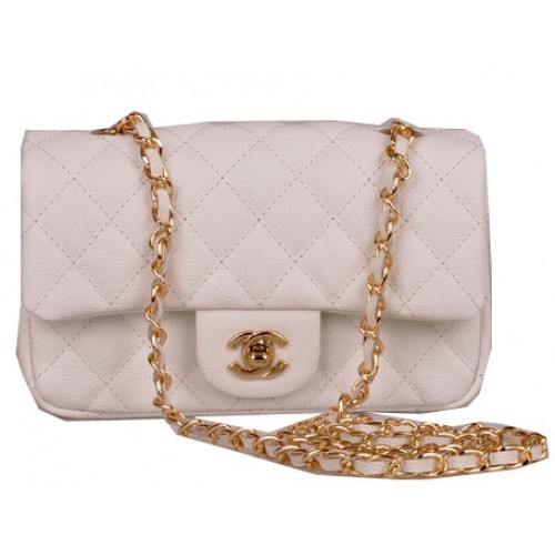Мини чанта Chanel Classic Flap, бяла, с шарка Cannage, 1117, златиста