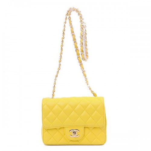 Мини чанта Chanel Classic Flap, жълта, овча кожа, 1115, златиста