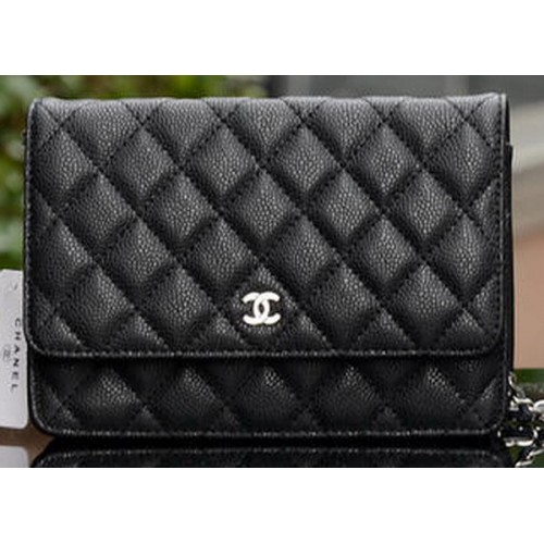 Мини чанта Chanel с капак, черна, с шарка Cannage, A33814, сребриста