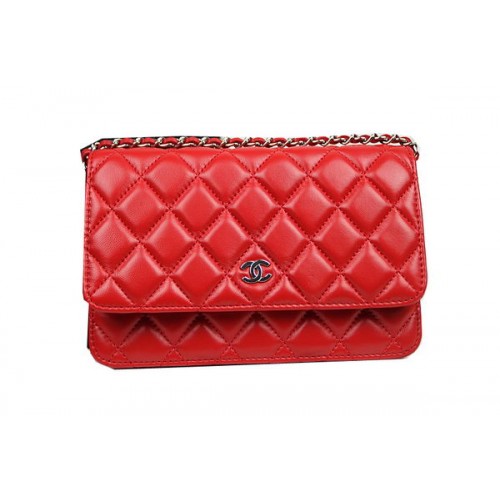 Мини чанта Chanel Flap CHA33814 Червена Оригинална Овча Кожа Сребриста