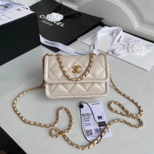 Мини чанта Chanel с капак, овча кожа, златист метал, AP1738, бежова