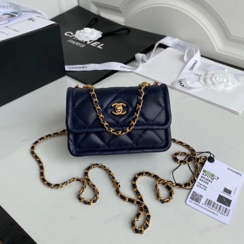 Мини чанта Chanel с капак, овча кожа, златист метал, AP1738, кралско синьо