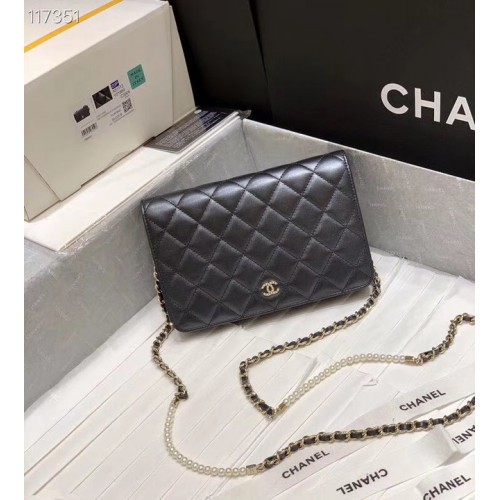 Мини портфейл Chanel на верижка, златист метал A84277, черен