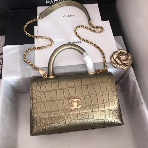 Оригинална чанта Chanel от телешка кожа с капак, горна дръжка A92290, бронзов и златист метал