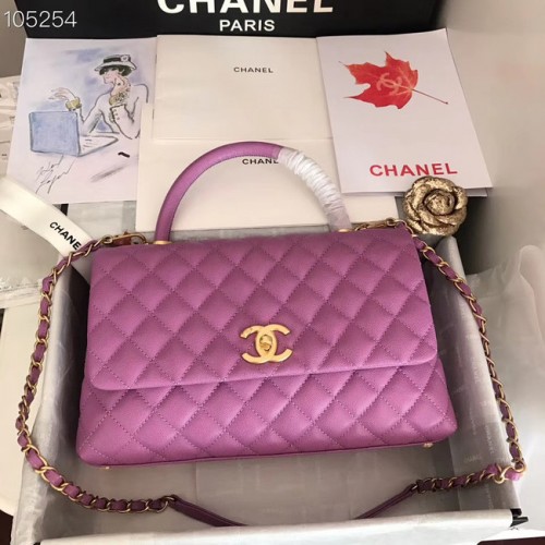 Оригинална чанта Chanel с капак от телешка кожа с горна дръжка A92292, лилаво-златист метал