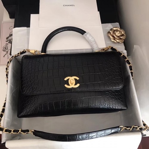 Оригинална чанта Chanel с капак от телешка кожа с горна дръжка A92292, черно и златисто, метална