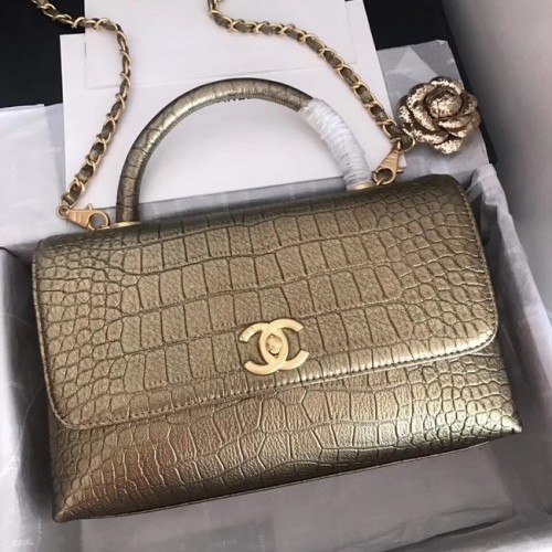 Оригинална чанта Chanel с капак от телешка кожа с горна дръжка A92292, бронзов и златист метал