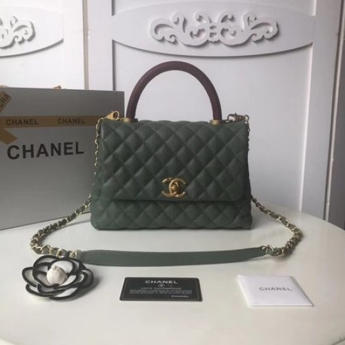 Оригинална чанта Chanel Caviar с капак от кожа с горна дръжка A92991 в черно-зелено