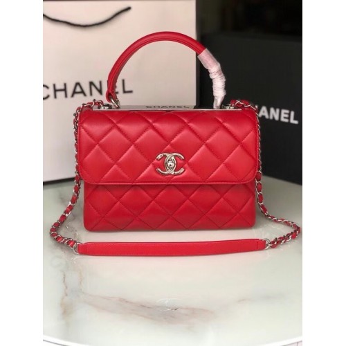 Оригинална чанта Chanel с капак от агнешка кожа с горна дръжка AS92236, червено и сребристо, метална