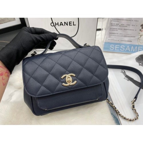 Чанта Chanel с малък капак от телешка кожа, златист метал A93749, тъмносиня