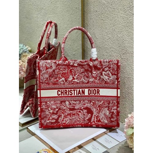 DIOR BOOK TOTE Raspberry Toile de Jouy обратна бродерия M1286ZR ЧЕРВЕН