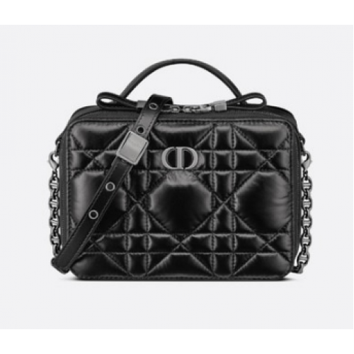Чанта DIOR CARO BOX с верижка, черна ватирана телешка кожа Macrocannage S5140B
