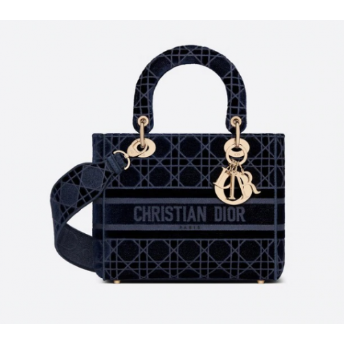 СРЕДНА ДАМСКА ЧАНТА DIOR D-LITE, СИНЯ, КАФЕТА, БРОДИРАНА, M0565