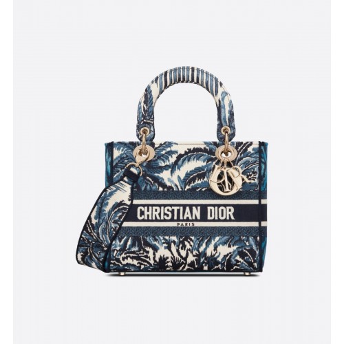 DIOR СРЕДНА ДАМСКА ЧАНТА D-LITE Тъмносиня бродерия Tree Cannage M0565OREY Синя