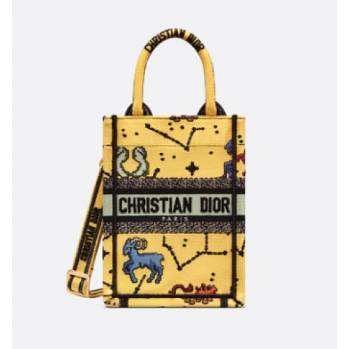 Чанта за телефон DIOR MINI DIOR BOOK TOTE, жълта, многоцветна, бродирана с пикселен зодиакален знак Dior S5555CRTY