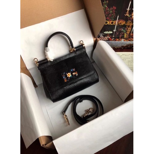 Dolce & Gabbana Оригинална кожена чанта с лого на цвете Lizard BB4137 Черна