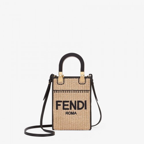 FENDI MINI SUNSHINE SHOPPER мини чанта от плетена слама 8BS051 цвят кайсия