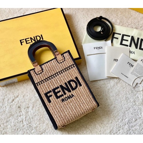 FENDI Mini Sunshine Shopper FF мини чанта от рафия 8BS051A черна