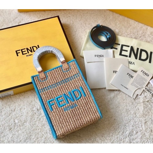 FENDI Mini Sunshine Shopper FF мини чанта от рафия 8BS051A синя