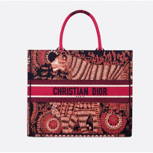 Чанта тип „книга DIOR“ в цвят фуксия, бродирана с животни, платнена чанта DIOR M929