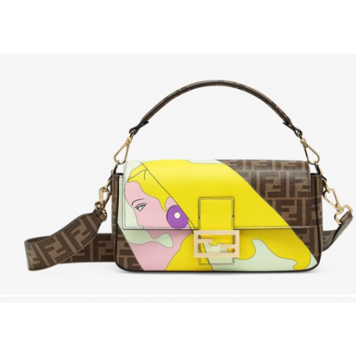 Чанта от остъклен плат Fendi FF с инкрустация Baguette 8BR600A кафяво-жълта