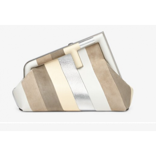 Малка кожена чанта Fendi First със сребриста и светлокафява инкрустация 8BP129A