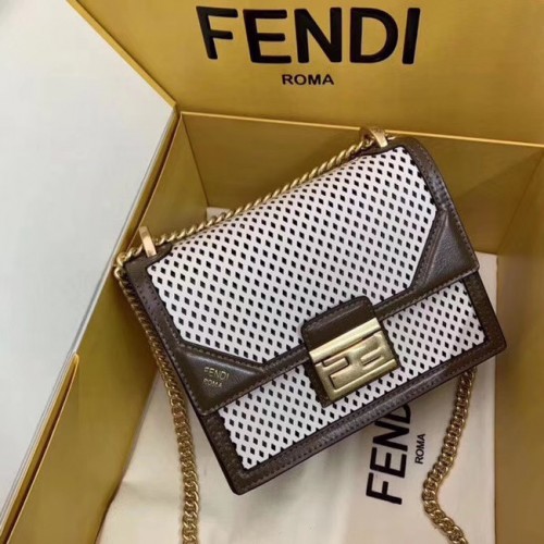 Малка кожена мини чанта Fendi KAN U SMALL 8BT312 в цвят каки и бяло