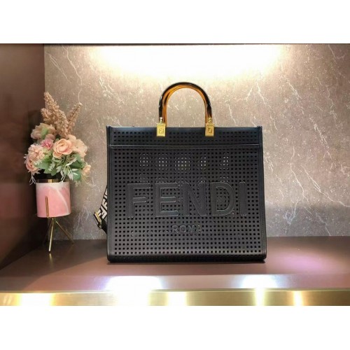 Fendi Sunshine Medium Двуцветна перфорирана кожена чанта за пазаруване 8BH386A черна